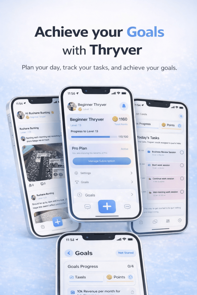 Thryver App interface displaying daily task planning, goal dashboard and progress tracking in a clean productivity system on mobile screen.
